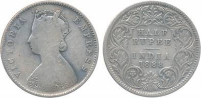 Victoria Empress, Silver, ½ Rupee, 1888, A/I, C incused (Prid# 272). Very fine, scarce.