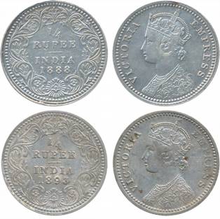 Victoria Empress, Silver, ¼ Rupees (2), 1888 & 1893, Calcutta Mint. Very fine+ to extremel