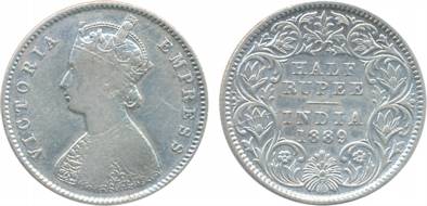 Victoria Empress, Silver, ½ Rupee, 1889, A/I, C incused (Prid# 273). Very fine, scarce.