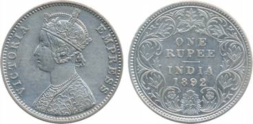 Victoria Empress, Silver, Rupee, 1892, C/I/C Incuse. Extremely fine, scarce.