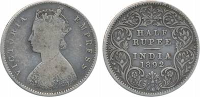 Victoria Empress, Silver, ½ Rupee, 1892, A/I, C incused (Prid# 276). Very fine, scarce.