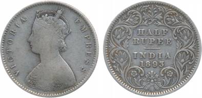 Victoria Empress, Silver, ½ Rupee, 1893, A/I, C incuse (Prid# 277). Very fine, scarce.