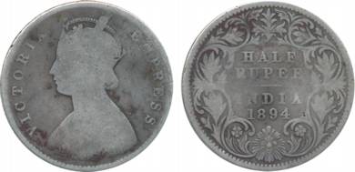 Victoria Empress, Silver, ½ Rupee, 1894, A/I, C incused (Prid# 278). Fine+.