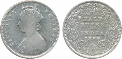 Victoria Empress, Silver, ½ Rupee, 1896, A/I, C incused (Prid# 279). Cleaned, very fine, s