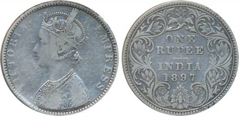 Victoria Empress, Silver, Rupee, 1897, B incuse (Prid# 183). Fine+, rare