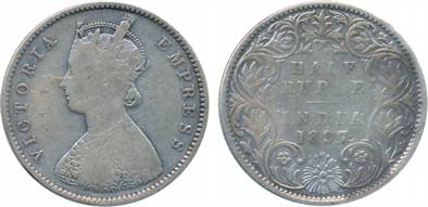 Victoria Empress, Silver, ½ Rupee, 1897. Fine+.