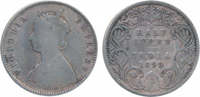 Victoria Empress, Silver, ½ Rupee, 1898, A/ I, C incused (Prid# 281). Very fine, scarce.