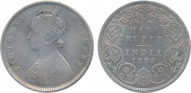 Victoria Empress, Silver, ½ Rupee, 1899, A/I, B incuse (Prid# 307). Very fine, scarce.