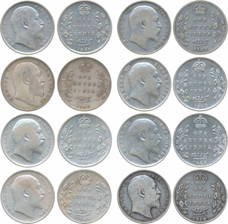 Edward VII, Silver, Rupees (8), Date wise complete set of all circulated coins, 1903, 1904
