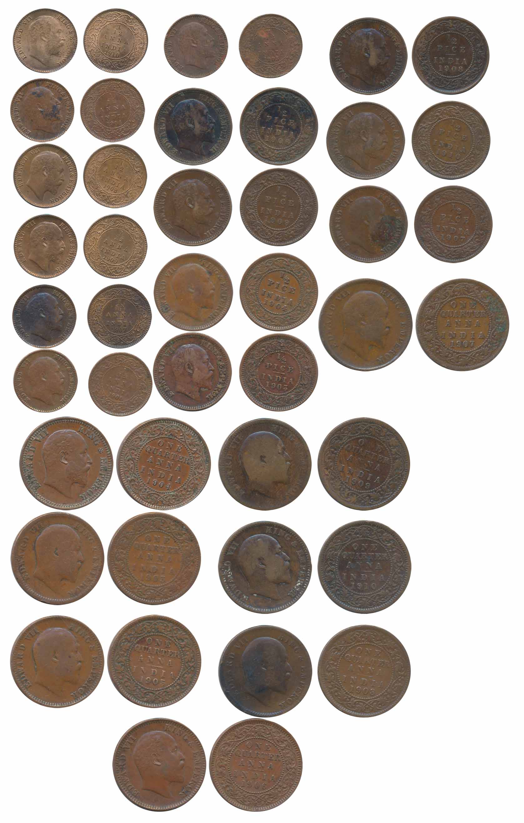 Edward VII, Copper (22), ¼ Anna (8), 1903, 1904, 1905, 1906, 1907, 1908, 1909 & 1910, ½ Pi