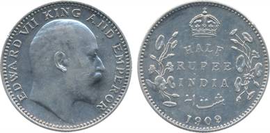 Edward VII, Silver, ½ Rupee, 1909. Extremely fine, scarce.