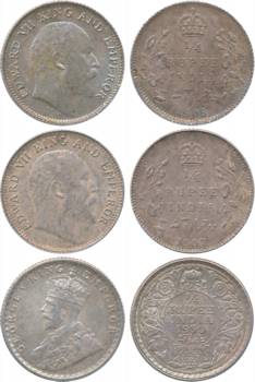 Silver, ¼ Rupees (3), Edward VII (2), 1907 & 1908, George V (1), 1930. Extremely fine to e