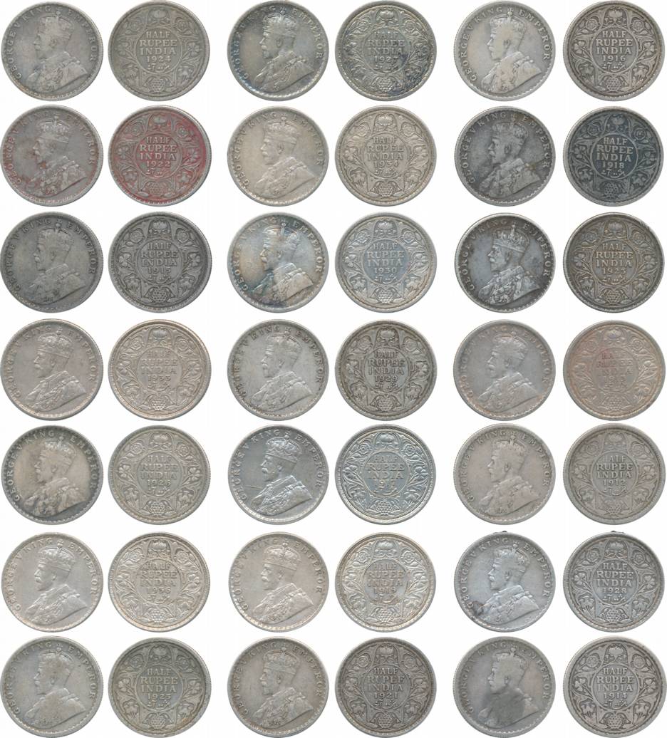 George V, Silver, ½ Rupees (21), Date wise complete set of all circulated coins (except ra