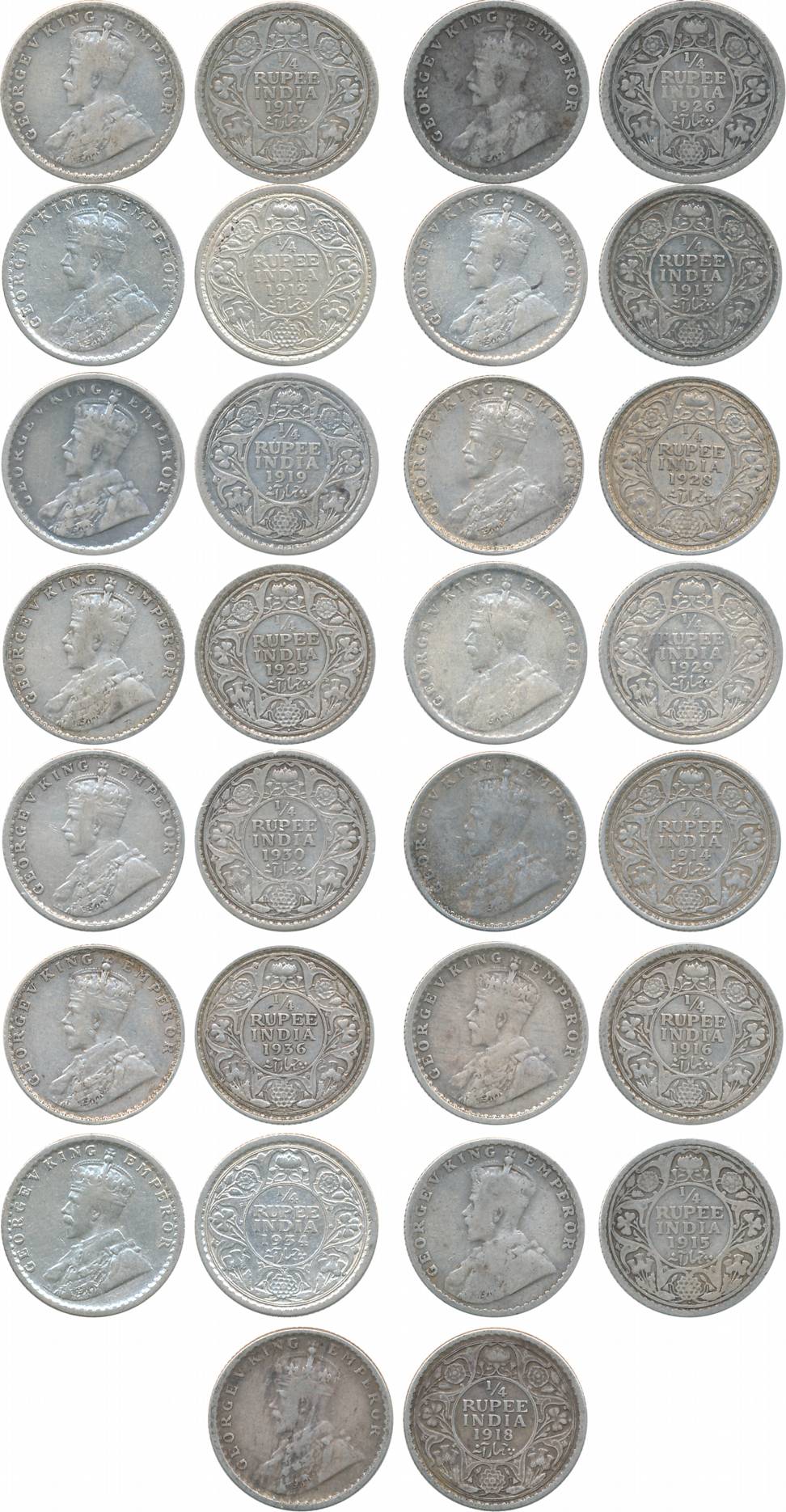 George V, Silver, ¼ Rupees (15), Date wise complete set of all circulated coins, (except r