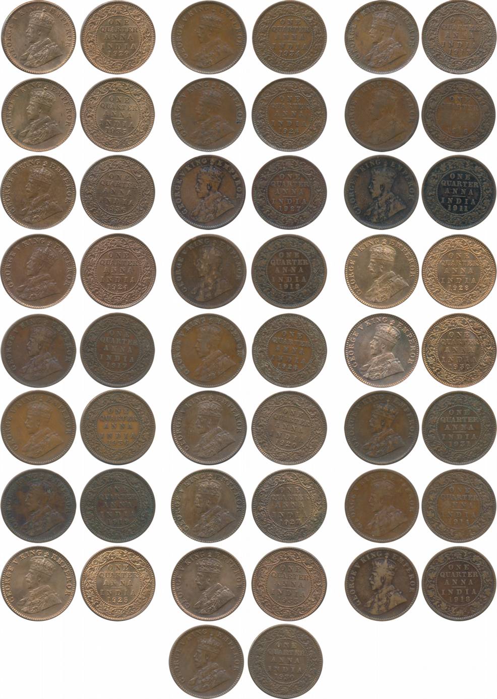 George V, Copper, ¼ Anna, 1911, 1912, 1913, 1914, 16/17/18/19/20/24/25/26/26/27/27/28/28/2