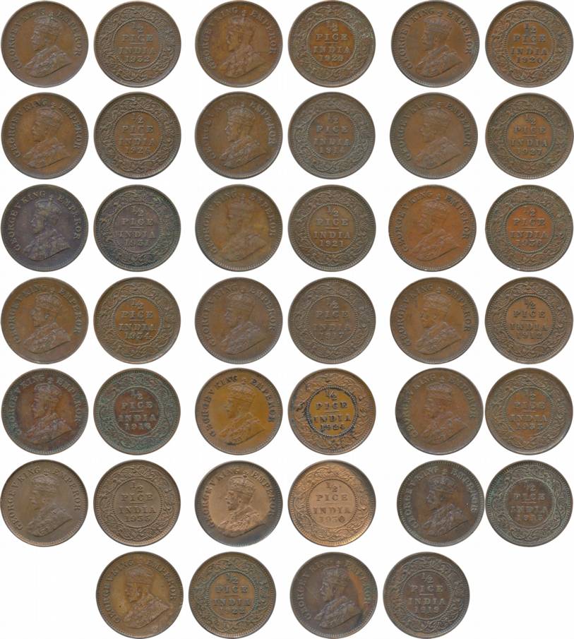 George V, Copper, ½ Pice (20), 1912/14/15/16/17/19/20/21/22/24/26/27/29/30/32/33/34/35 & 1