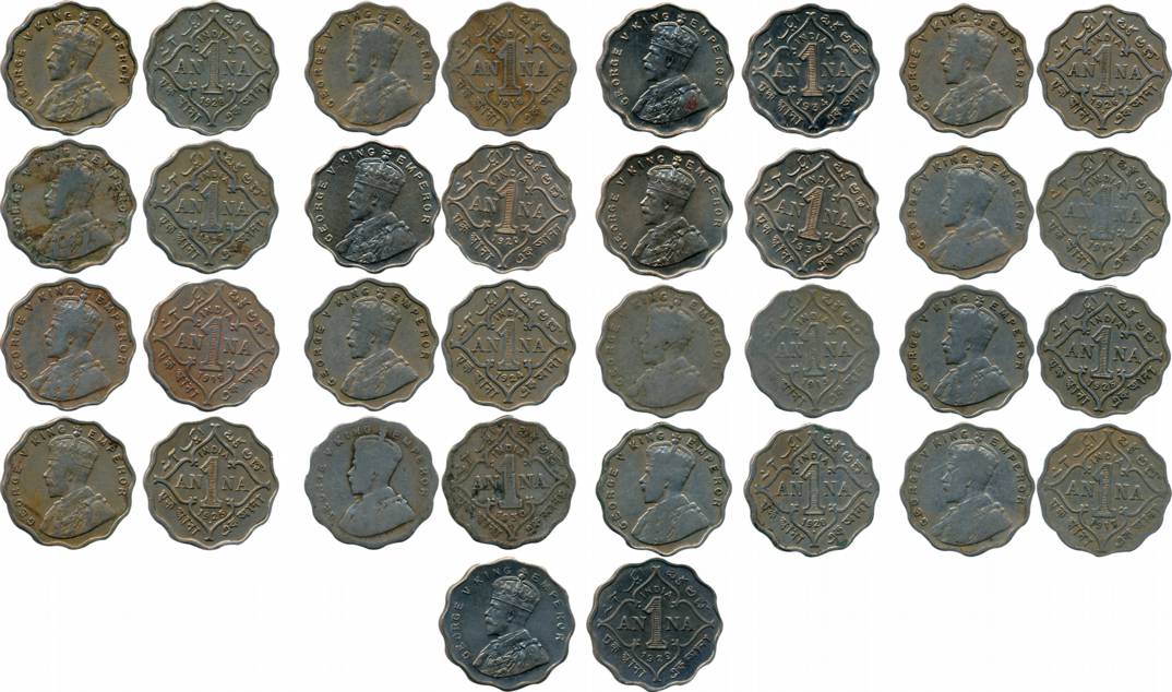 George V, Copper Nickel, 1 Anna (17), 1913/14/17/18/19/20/24/25/25/26/27/28/28/29/30/34 & 