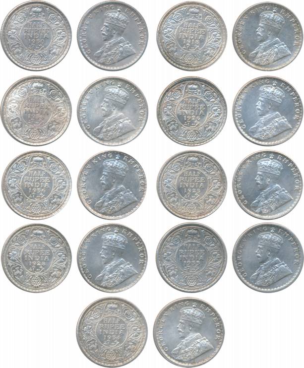 George V, Silver, ½ Rupee (9), 1918/25/26/28 & 1936, Bombay Mint, 1930/33/34 & 1936, Calcu