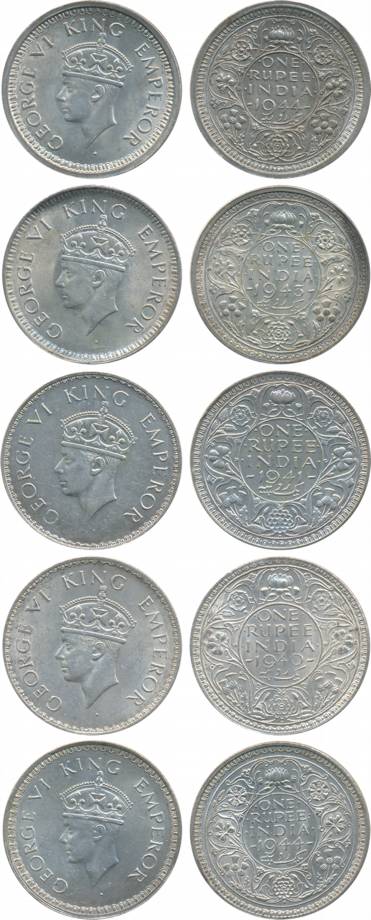 George VI, Silver Rupee (5), 1940/41/43 & 1944 (2). Very fine to very fine+. 5 coins.