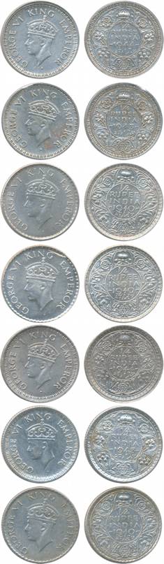 George VI, Silver, ¼ Rupees (7), 1940 (3), 1943 (2) & 1944 (2). Very fine to very fine+. 7