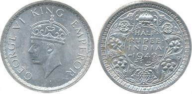 George VI, Silver, ½ Rupee, Mule, 1942. Extremely fine, scare.