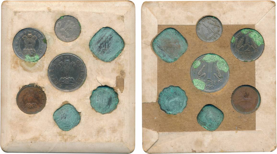 1950, Set of 7, Rupee, ½ Rupee, 1/4 Rupee, 2 Anna, 1 Anna, ½ Anna & 1 Pice in cardboard. G