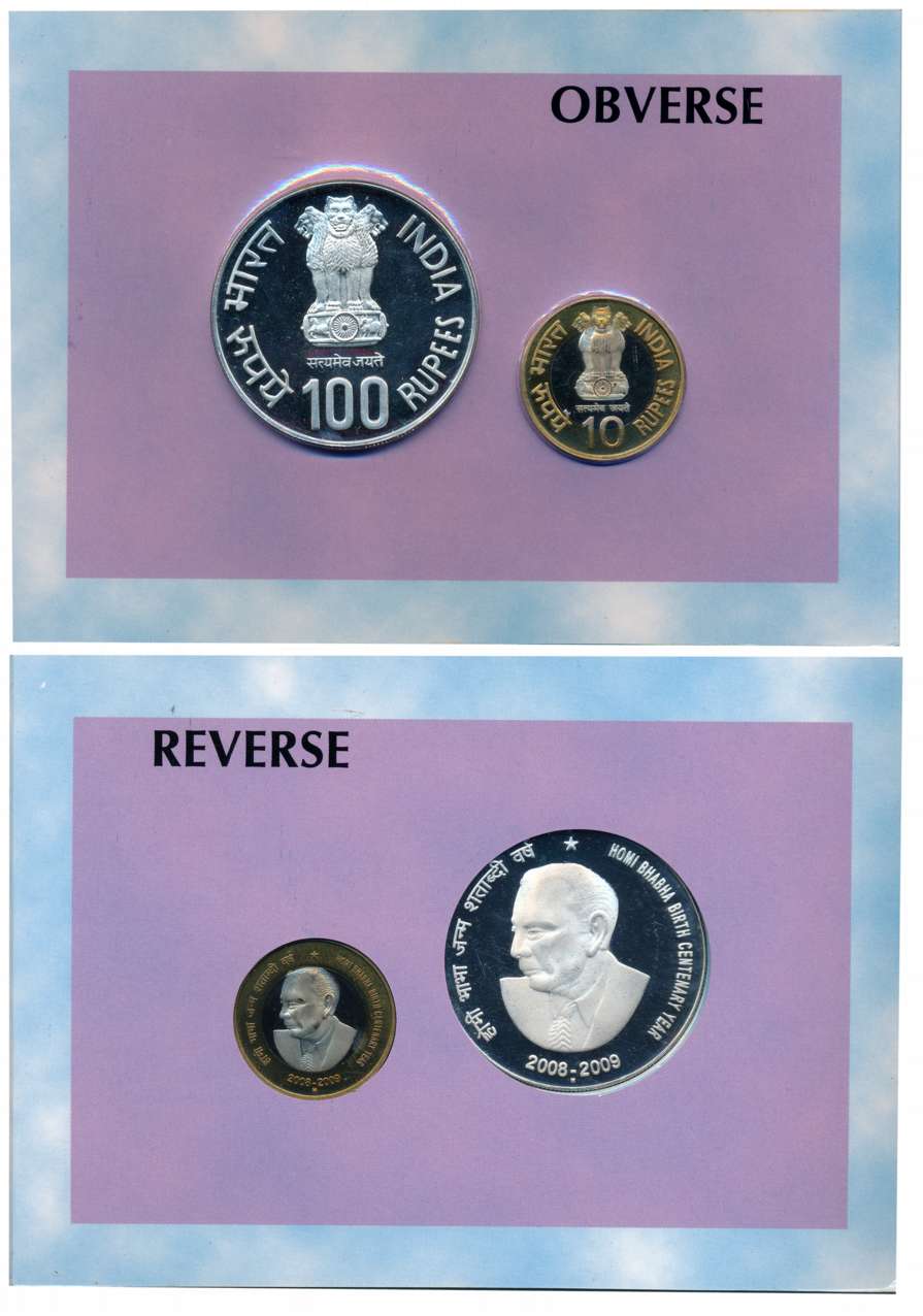 2009, Proof set of 2, “Homi Bhabha Birth Centenary”, Mumbai Mint, Rupees 100 & 10 (RB# 355