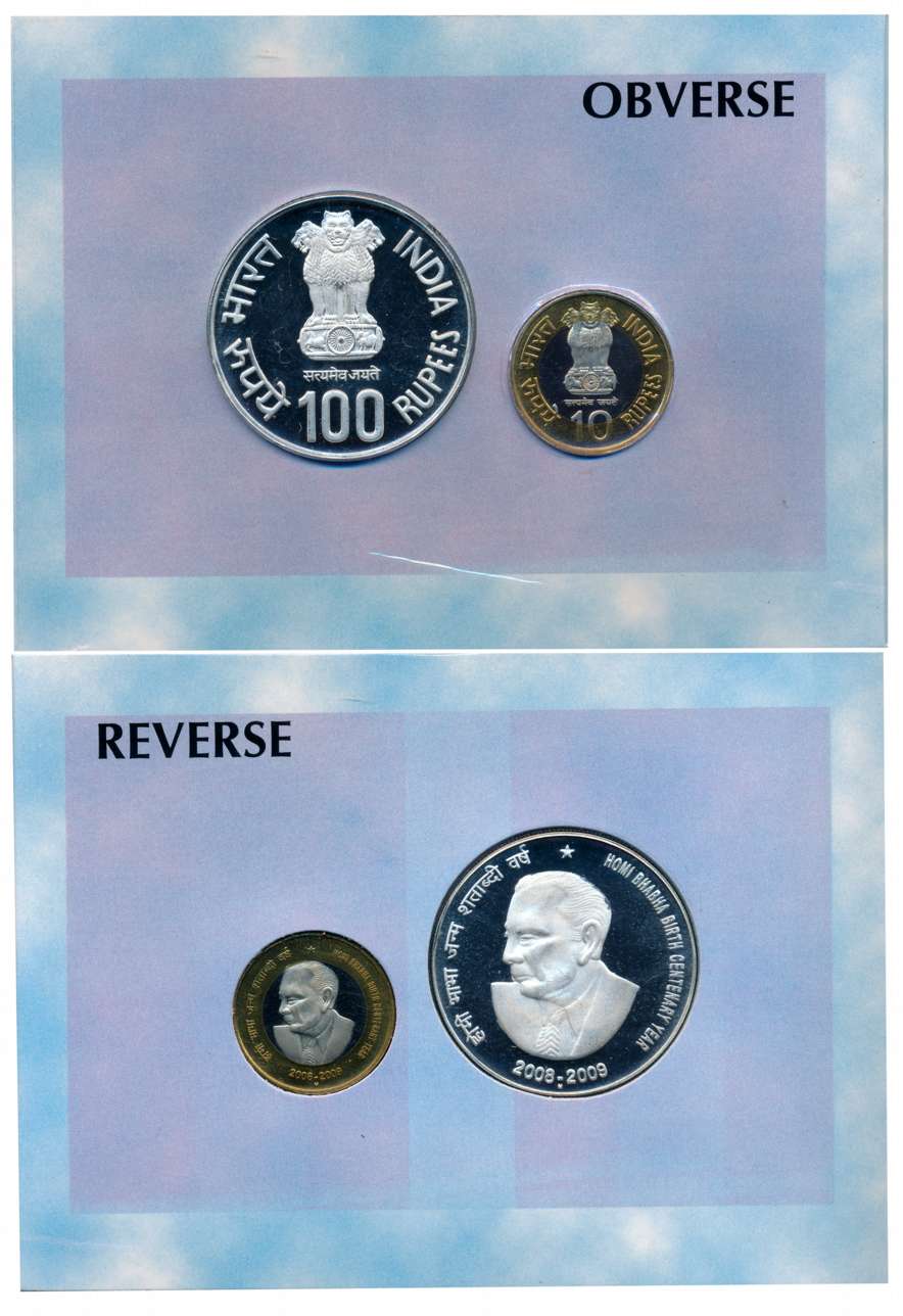 2009, Proof set of 2, “Homi Bhabha Birth Centenary”, Mumbai Mint, Rupees 100 & 10 (RB# 355