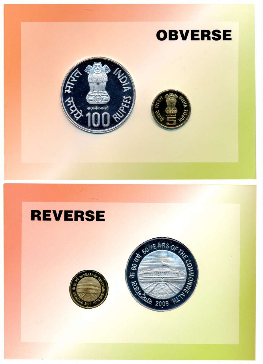 2009, Proof set of 2, “60 Years of the Commonwealth”, Mumbai Mint, Rupees 100 & 5 (RB# 362