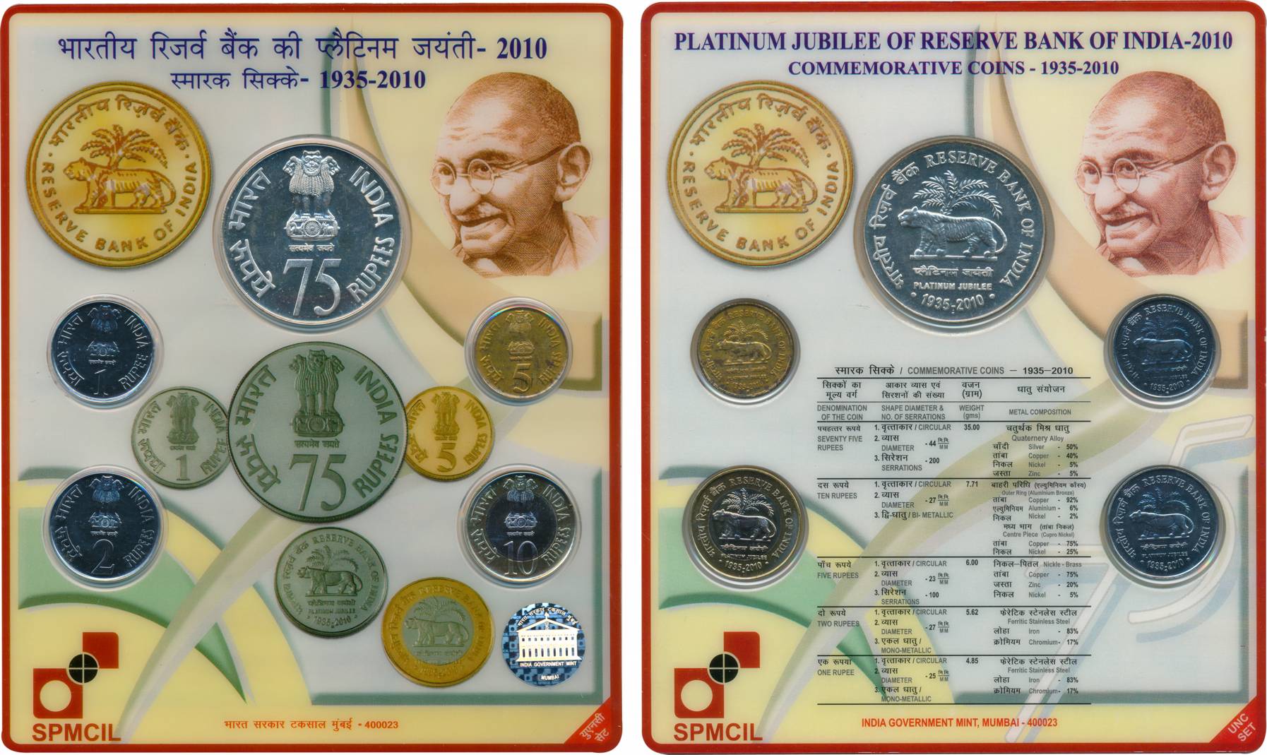 2010, Uncirculated set of 5, “Platinum Jubilee Of Reserve Bank Of India”, Mumbai Mint, Rup