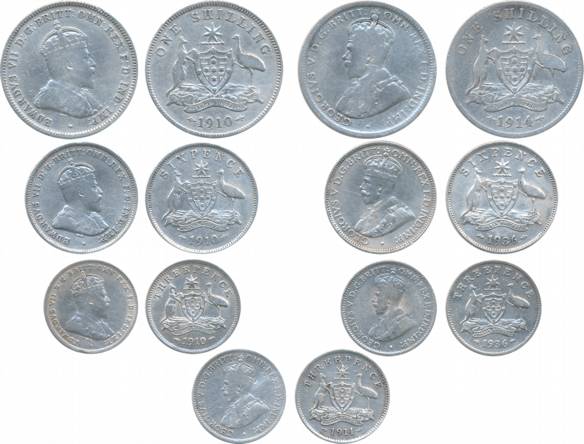 Australia, Silver (7), Edward VII (3), 1910, One Shilling, Six Pence & Three Pence (KM# 20