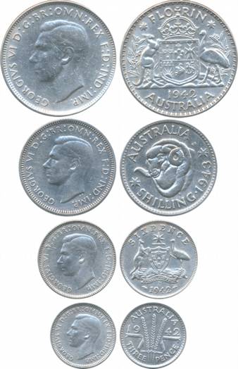 Australia, George VI, Silver set of 4, Florin, 1942, Shilling, 1943, Six Pence, 1942, Thre