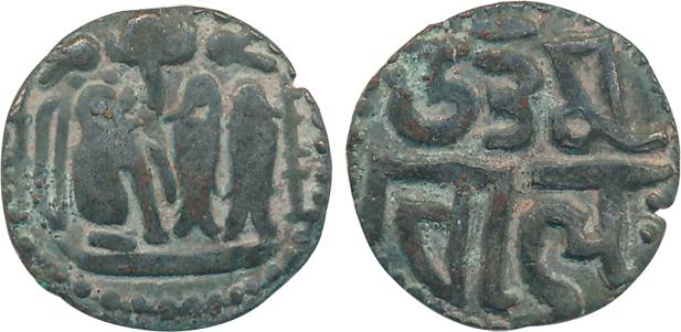 Imperial Cholas, Uttama Chola, Base Silver Kahavanu, 4.22g, Obv: Within border of dots, un
