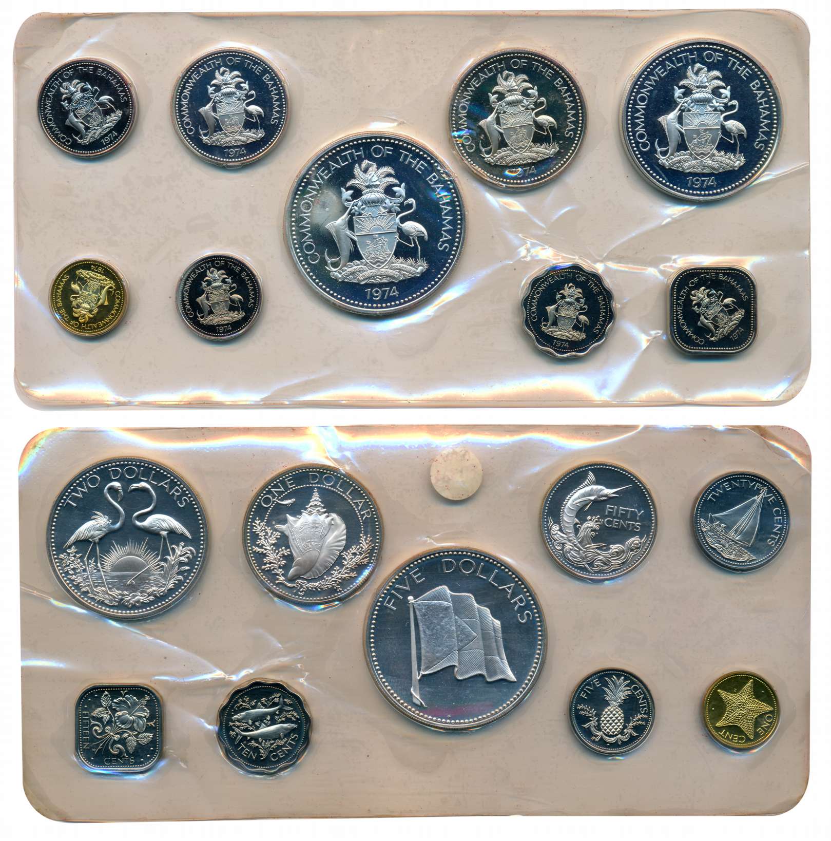 Bahamas, 1974, Mint set of 9, Dollar 5, 2 & 1, Cents 50, 25, 15, 10, 5 & 1, in plastic pou