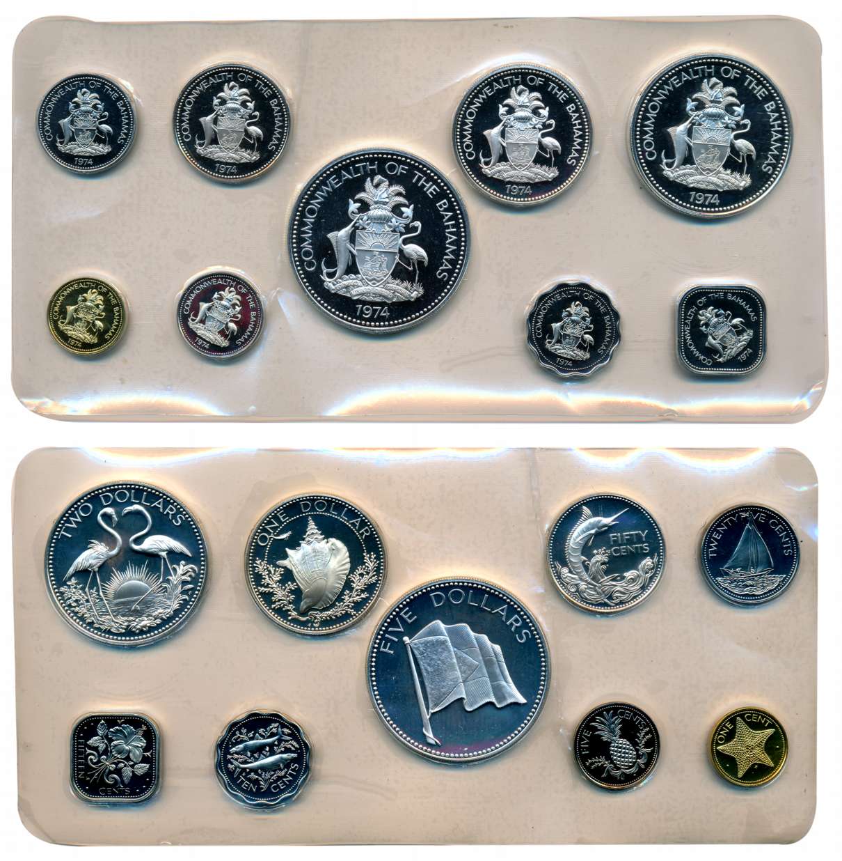 Bahamas, 1974, Mint set of 9, Dollar 5, 2 & 1, Cents 50, 25, 15, 10, 5 & 1, in plastic pou