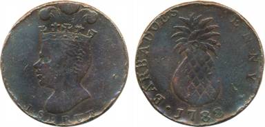 Barbados, Copper, Penny, Token issues, type 3, large head & Pineapple, 1788 (KM# Tm8). Ver