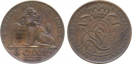Belgium, Leopoid I, Copper 5 Centimes, 1853, Obv: Crowned monogram, Rev: Lion with tablet 
