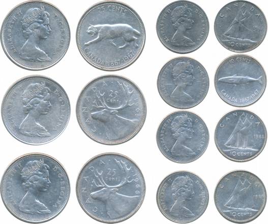 Canada, Elizabeth II, Silver (7), 25 Cents (3), 1965, 1966, 1967, 10 Cents (4), 1965, 1966
