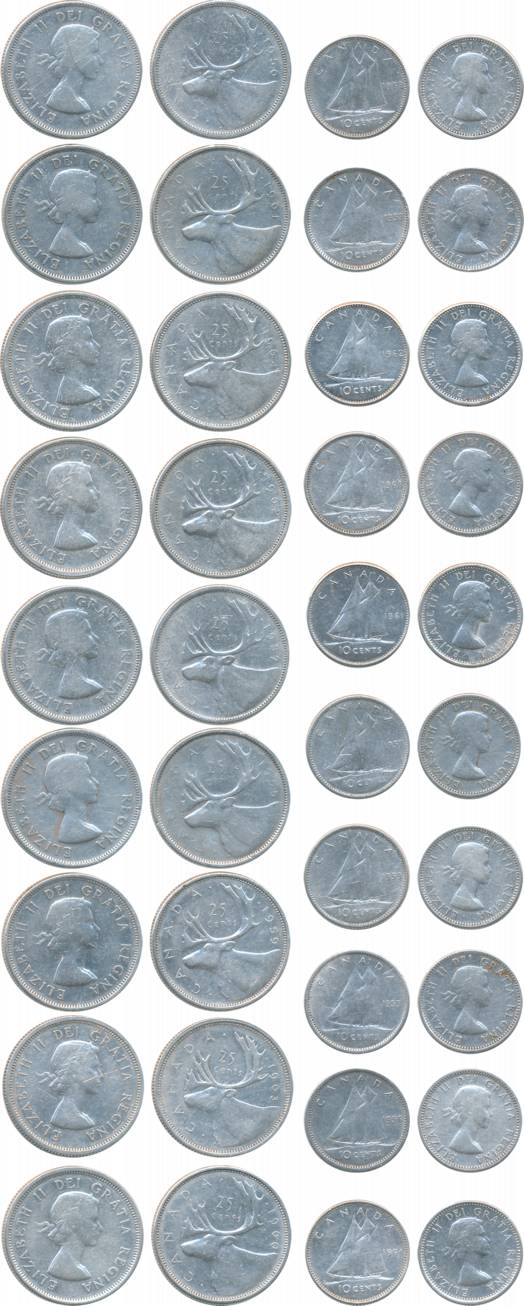 Canada, Elizabeth II, Silver (19), 25 Cents (9), 1955, 1956, 1957, 1959, 1960, 1961, 1962,