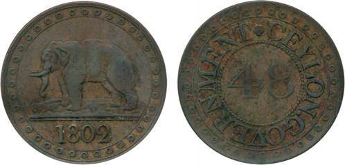 Ceylon- British Colony, Copper, 1/48 Rix Dollar, 9.86g, 1802, Obv: Legend, Rev: Elephant t