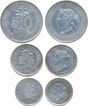Ceylon, Victoria Queen, Silver (3), 50 Cents, 25 Cents, 10 Cents, 1893, Obv: Bust to left,