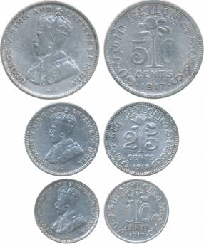 Ceylon, George V, Silver (3), 50 Cents, 25 Cents, 10 Cents, 1917, Obv: Crown bust to left,