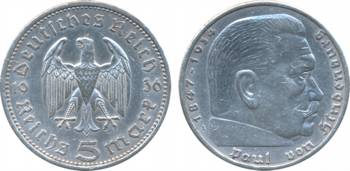 Germany, Silver, 5 Reichsmark, 1936, “Hindenburg” issue, Obv: Eagle divides dates, denomin