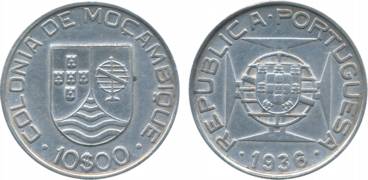Mozambique, Portuguese, Silver, 10 Escudos, 1936, Obv: Shield with glow & maltese cross, R
