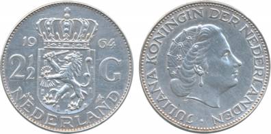 Nederland, Juliana, Silver, 2 ½ Gulden, 1964, Obv: Bust to right, Rev: Crown arms (KM# 7).