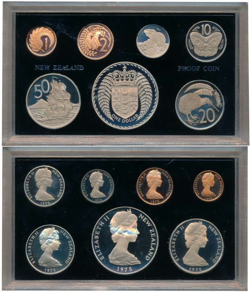 New Zealand, 1975, Proof Set of 7, One Dollar, Cents 50, 20, 10, 5, 2 & 1, in acyclic case