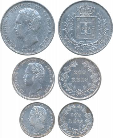 Portugal, Luiz I, Silver (3), 500, 200 & 100 Reis, 1888, 1888, 1889, Bust to left on obv (