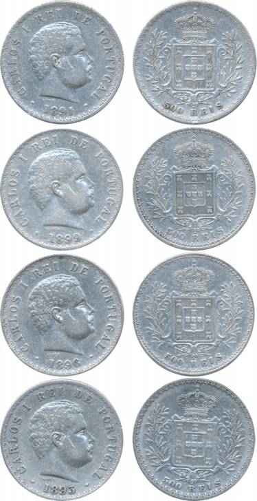 Portugal, Carlos I, Silver 500 Reis (4), 1891/ 1893/1896 & 1899, Obv: Head to right, Rev: 