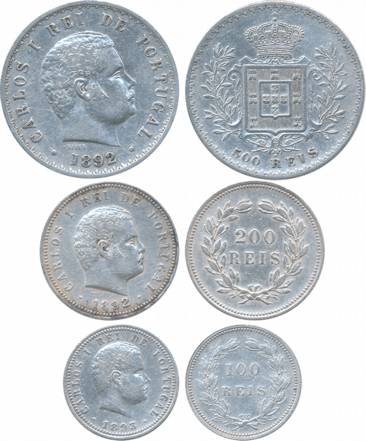 Portugal, Carlos I, Silver (3), 500, 200 & 100 Reis, 1892, 1892, 1893, Bust to left on obv