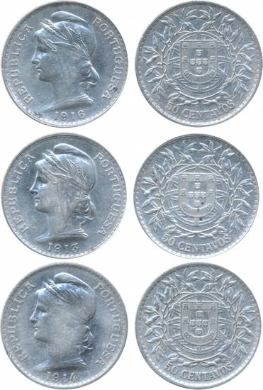 Portugal, Silver, 50 Centavos (3), 1913, 1914 & 1916, Obv: Liberty head to left, Rev: Shie